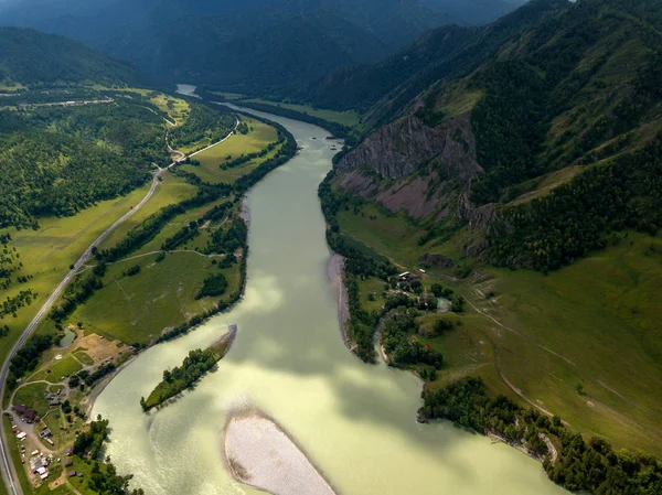 Vista Aérea Paisaje Verde Valle Río Inundado Luz Con Exuberante — Foto de Stock