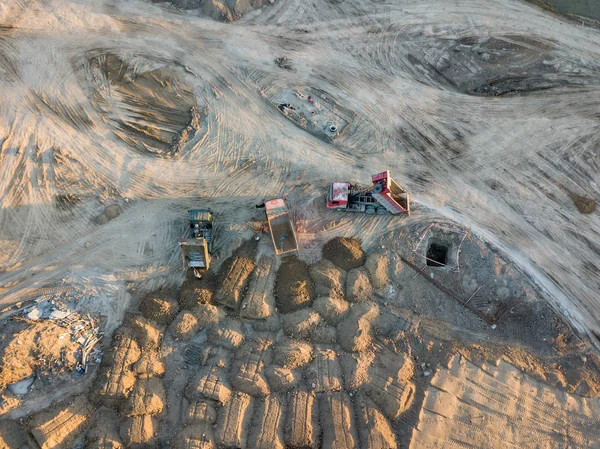 Aerial View Three Multi Colored Dump Tip Trucks Unloading Designated — Stock Photo, Image