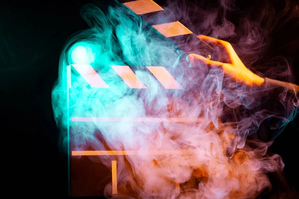Black White Clapperboard Cinema Close Multicolored Red Green Smoke Man — Stock Photo, Image