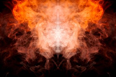Turuncu ve sarı dalgalı duman bir adam siyah bir izole zeminde mistik görünümü veya bir hayaletin kafa şeklini bir arka plan. Vape Buhar parlak soyut desen.