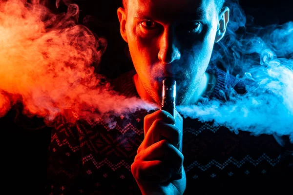 Portrait Guy Shadow Serious Face Colored Backlight Blue Red Smoking — Stock Photo, Image