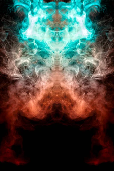 幽霊の頭の形や孤立した黒地に神秘的な姿の男で赤と緑の波線煙の垂直の背景 アークからの蒸気の明るい抽象的なパターン — ストック写真