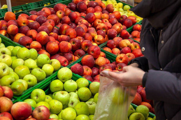 The buyer chooses the apples at the counter in the supermarket, putting them in the package, preferring the green to red. A woman buys apples, puts green.