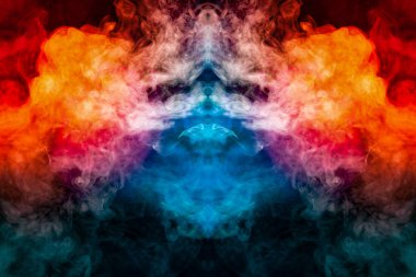 Muhteşem, mistik kelle şeklinde duman buharlaşma bukleler curling, vurgulanmış ile mavi, kırmızı, mor bir izole siyah arka plan deseni.