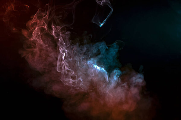 Space pattern, evaporating smooth waves of smoke, exuding vape, shone with purple, pink, blue color on a black background.