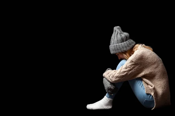 Girl Sitting Alone Floor Black Background Emptiness Hugging Her Legs — 图库照片