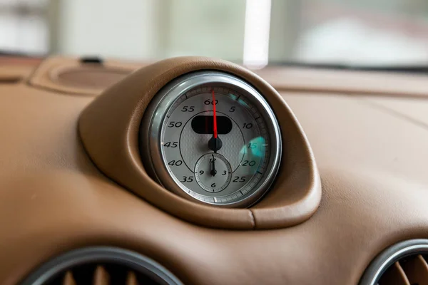 Watch Dashboard Expensive Car Close Covered Natural Beige Leather White — Stock Photo, Image