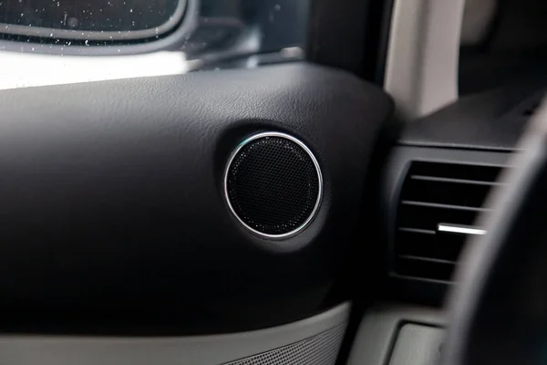 Modern round speaker in black color on the door inside the car interior, circle dynamics with chrome elements in the design on the gray panel.