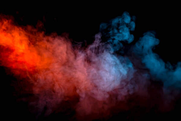 Collision of two streams of smoke with the transition of the colors of blue and red through the pigment molecules on a black background.