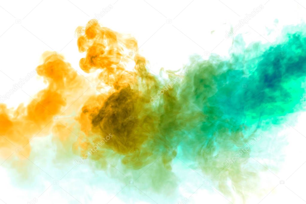 Colorful steam exhaled from the vape with a smooth transition of color molecules from yellow to blue on a white background like a collision of two jets of smoke.