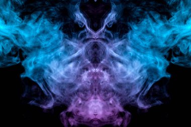 Mavi siyah bir arka plan üzerinde duman buharlaşan mistik ve gizemli desen tasarımında bir uzaylı baş ve gözler, pembe üst yükselen benzer. T-shirt baskı.