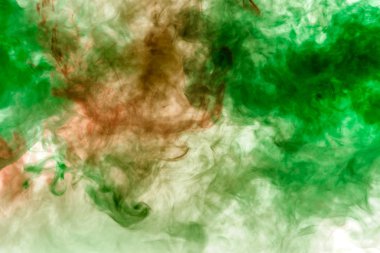 Bir suluboya geçişler arasında yeşil ve turuncu bir kimyasal reaksiyon gibi maddenin bir beyaz zemin üzerine kırmızı duman dokusuna gibidir.