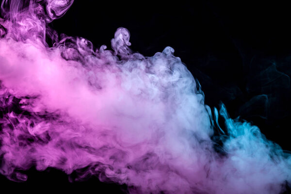Translucent, thick smoke, illuminated by light against a dark background, divided into three colors: blue, green and purple, burns out, evaporating from a steam of vape for T-shirt print