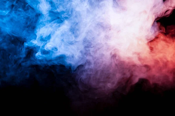 Beautiful horizontal column of smoke in the neon bright light of blue pink and orange on a black background exhaled out of the vape, mocap and print for t-shirt.