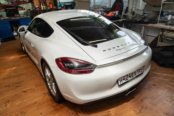 Rear view of luxury very expensive new white Porsche Cayman coup — Stock Photo, Image