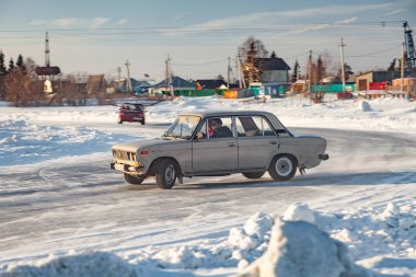 Old Russian cars Lada 2101 and 2104 prepared for racing drive on clipart