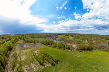 Yeşil çayır ın ve alanın panorama havadan görünümü 