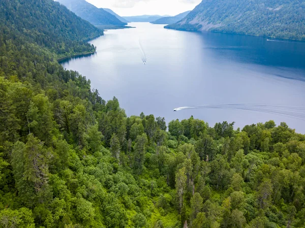 An aerial view of the Teletskoye Lake between the Altai Mountain