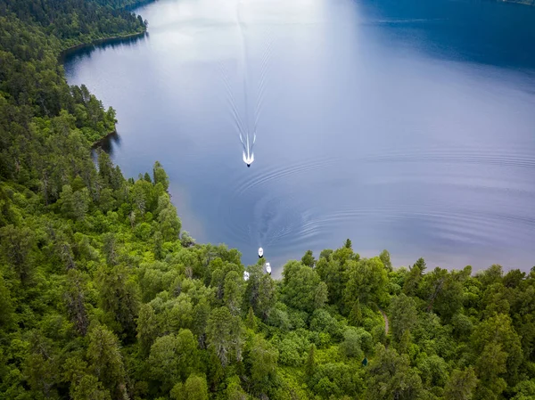 An aerial view of the Teletskoye Lake between the Altai Mountain