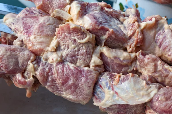 Närbild av rått kött i marinad med lök och majonnäs på s — Stockfoto