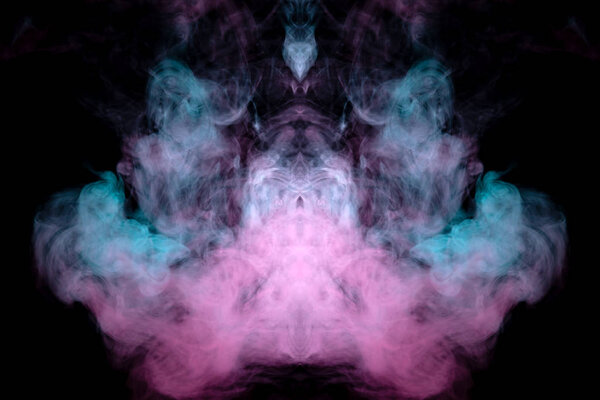 A large ball of smoke of pink and green with an abstract and mystical pattern on a black background. Print for clothes.