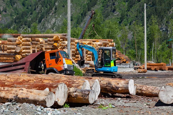 Küçük bir ekskavatör ve büyük bir kamyon yükleme ve r iş yapmak