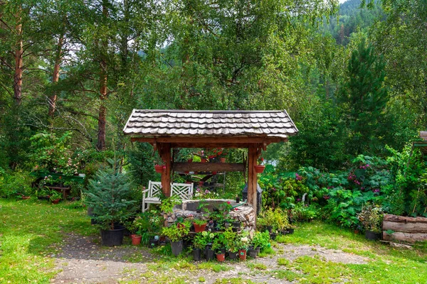 Vieille pierre rétro bien avec un toit en bois avec beaucoup de pots de fleurs — Photo