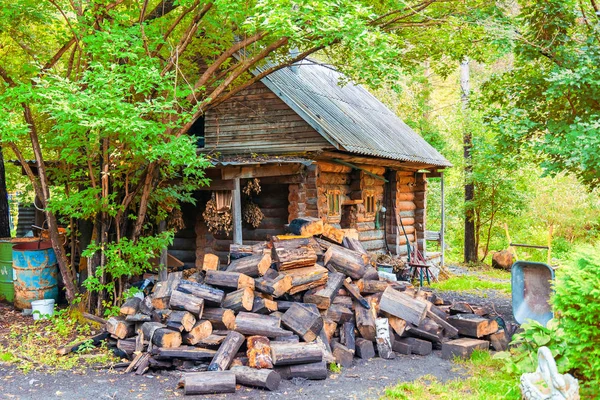 A small house, a hut in a green forest with trees near a pile of — Stock Photo, Image