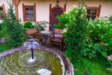 Bir fount ile bir kır evinin avlusunda Blooming bahçe