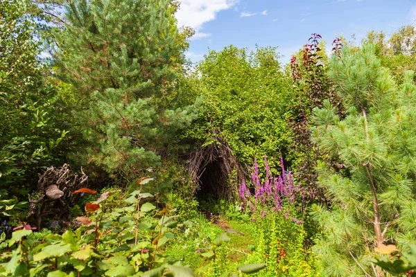 Uma cabana feita de galhos secos em um lugar pitoresco no amon da floresta — Fotografia de Stock