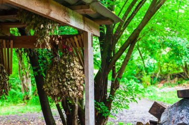 Bir banyo için Süpürgeler th bir kır evi yakınında veranda üzerinde asmak