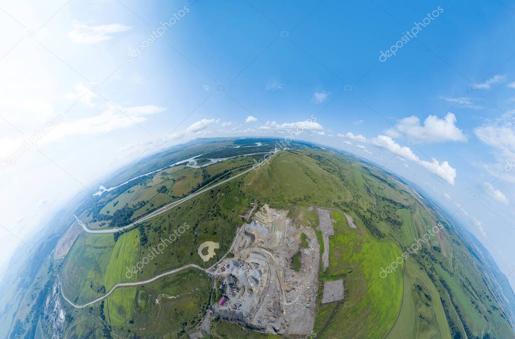 Aerial view 360 panoramic of opencast mining quarry minerals wit