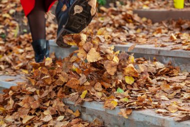 Siyah çizmeli ve kırmızı paltolu bir kız sarı ve kırmızı yapraklı tekmeler.