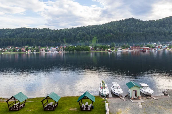 Aerial view of the gazebos in the Altai Mountains on the shore o