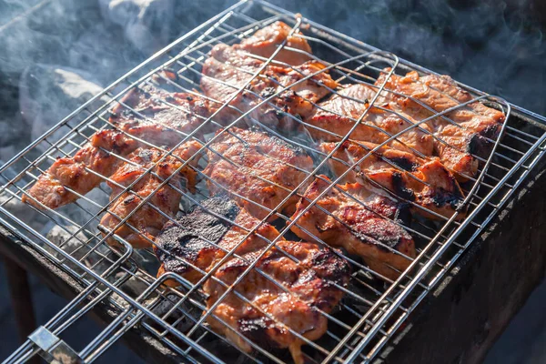 Gebraden Stukken Vlees Een Metalen Rooster Dampende Kolen Tijdens Voorbereiding — Stockfoto