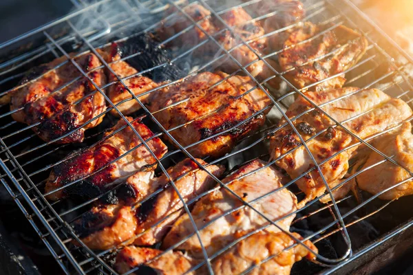 Carne Assortita Una Griglia Barbecue Friggere Illuminata Fuoco Legna Primo — Foto Stock