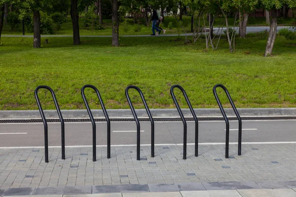 Special Place Metallic Black Poles Installed Parking Bicycles Next Dedicated — Stock Photo, Image