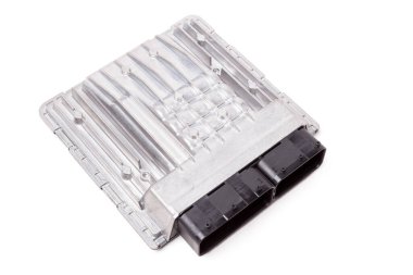 Aluminum car engine control unit with metal elements on white background is connecting center of various subsystems, assemblies and assemblies for replacement during repair or sale at an auto-parsing. clipart