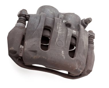 Eski metal fren kalibreli beyaz arka planda bir fotoğraf stüdyosunda şasinin tamiri sırasında ya da yedek parça kataloğu için otomatik ayrıştırma.