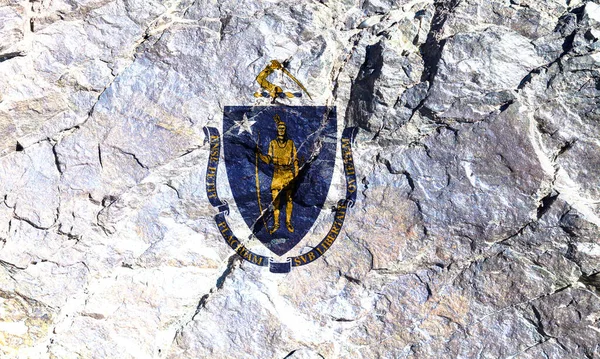 Flaga Stanowy Amerykański Stan Massachusetts Błękitny Herb Żółty Szabla Szczyt — Zdjęcie stockowe
