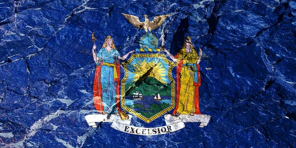 Flaga Narodowa Amerykańskiego Stanu Nowy Jork Środku Herbu Niebieskim Tle — Zdjęcie stockowe