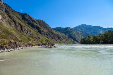 Geniş bir dağ nehri tepelerin arka planına karşı yeşil ağaçlar ve çimlerle kaplı kayalık bir kıyıya ve berrak mavi bulutsuz gökyüzüne sahip..
