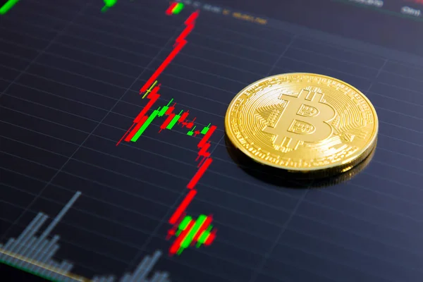 Altın bitcoin ve stok grafik tabletler üzerinde. Karanlık ve bulanık bir kavram. Gelecek Pazar.
