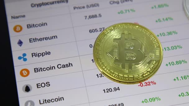 Κοντινό Πλάνο Της Golden Bitcoin Κρυπτονόμισμα Λίστα Στήλη Γραμμή Για — Αρχείο Βίντεο