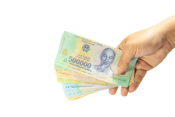 Kırpma yolu Vietnam üzerinde sol el (Sosyalist Cumhuriyeti Vietnam), Dong, Vnd, ödeme, para değişimi beyaz arka plan üzerinde izole para.