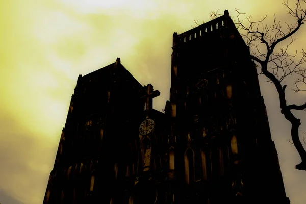 Schwarzer Schatten Beängstigender Blick Auf Alte Kirche Und Toten Baum — Stockfoto