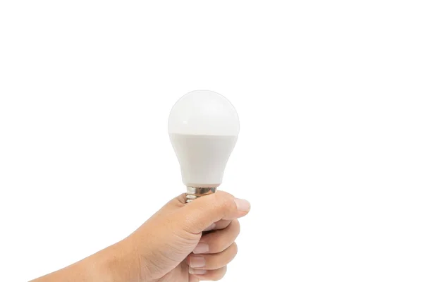 Przycinanie Ścieżki Lampa Led Elektryczne Ręce Młodego Człowieka Trzymając Białym — Zdjęcie stockowe