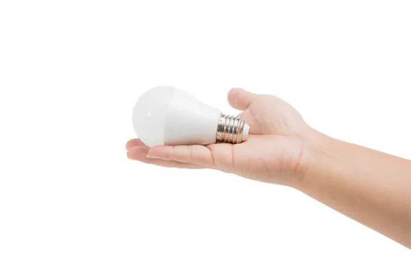Led Lampa Elektryczna Ręce Młodego Człowieka Trzymając Białym Tle Białym — Zdjęcie stockowe
