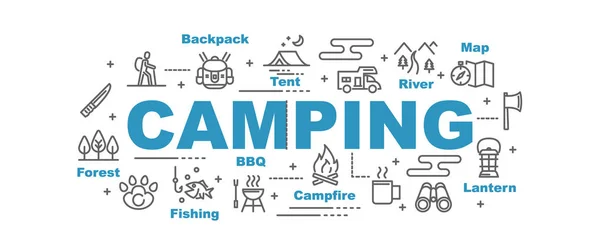 Camping Vektor Banner Designkoncept Platt Stil Med Ikoner — Stock vektor