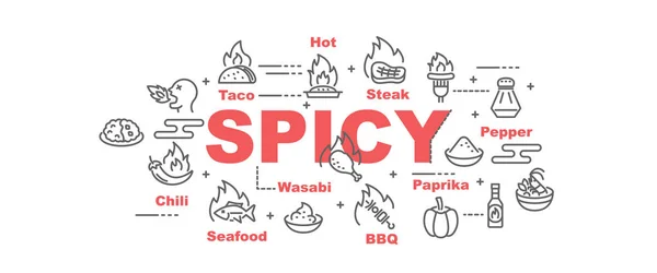 Spicy Food Vector Banner Design Concept Flat Style Icons — Stock Vector